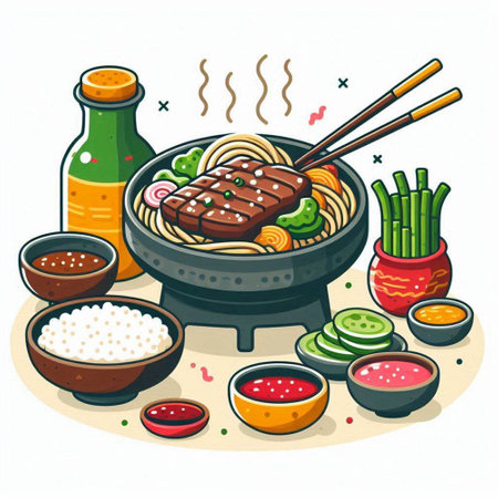 Illustration of japanese food. Soba noodles, chopsticks, soy sauce, vegetables.のイラスト素材