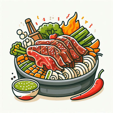 Illustration of a hot pot with beef and vegetables on a white backgroundのイラスト素材