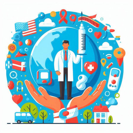 Vector illustration of World Health Day. Doctor in white coat with stethoscope, syringe, medical icons around.のイラスト素材