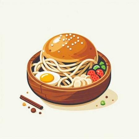 Soba noodle in wooden bowl. Vector illustration of Japanese food.のイラスト素材