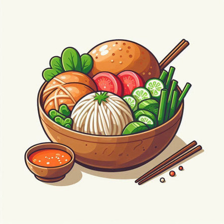 Illustration of a bowl of rice noodle with chopsticks and vegetablesのイラスト素材