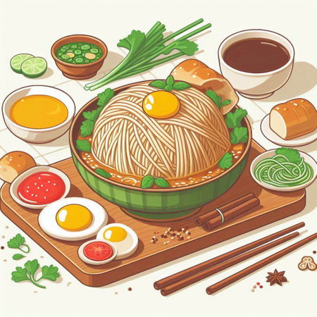Illustration of a bowl of udon noodles with eggs and vegetablesのイラスト素材