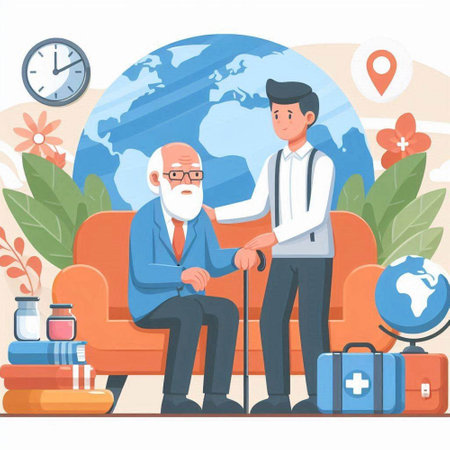 Elderly people at home vector illustration. Grandfather and grandson sitting on sofa, looking at each other and smiling.のイラスト素材