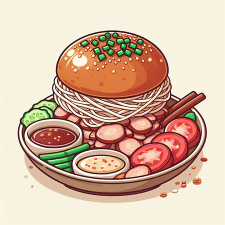Illustration of a hamburger with chopsticks and vegetables on a plateのイラスト素材
