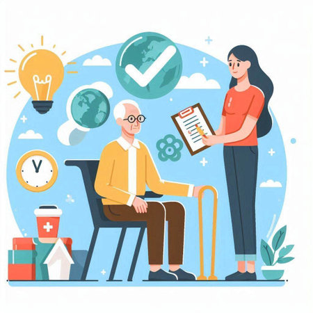 Elderly people health care vector illustration. Senior man and woman character sitting on chair, doctor holding clipboard with checklist, flat cartoon style designのイラスト素材