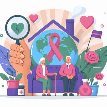 World Cancer Day Vector Illustration. Cartoon Elderly Couple Sitting on Sofa with Pink Ribbon, World Health Day Awareness.のイラスト素材
