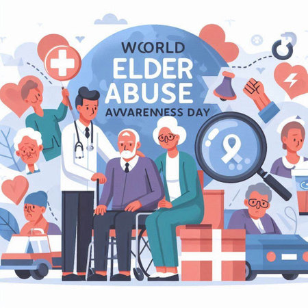 World Elder Abuse Day Vector Illustration. Elderly Woman Sitting on Wheelchair in Wheelchair with Awareness Ribbon. Health Care and Medical Services for Disabled Peopleのイラスト素材