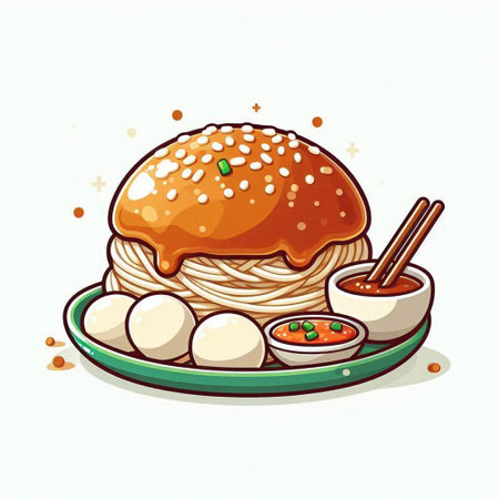 Illustration of a Noodle with Sesame Seeds and Dipping Sauceのイラスト素材