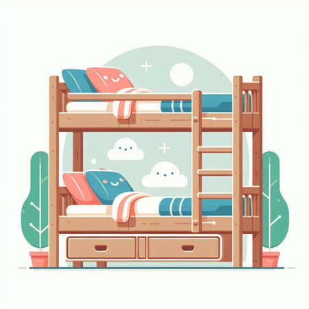 Bunk bed with pillows and plaids. Vector illustration.のイラスト素材
