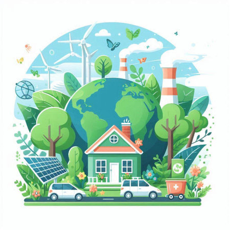 Ecology concept with green house, solar panels, windmills, trees and plants. Vector illustrationのイラスト素材