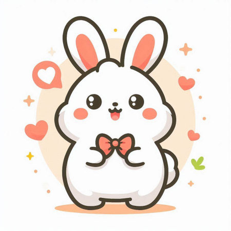 Cute cartoon white rabbit with bow tie and hearts. Vector illustration.のイラスト素材