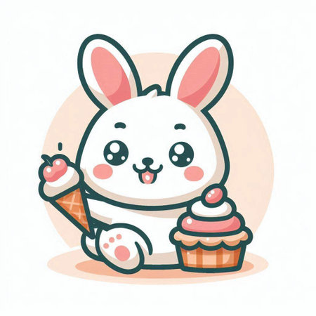Cute bunny with ice cream and cupcake. Vector illustration.のイラスト素材
