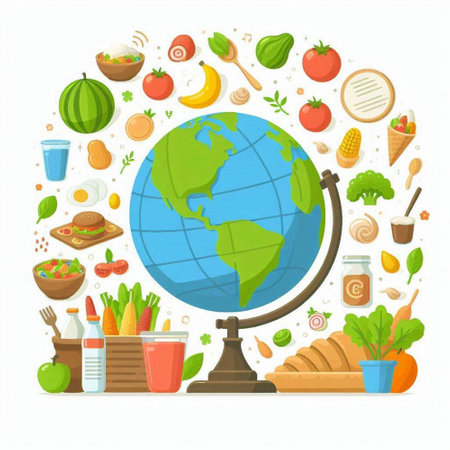 Globe with healthy food. Vector illustration in flat cartoon style.のイラスト素材