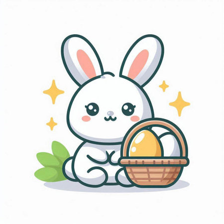 Cute bunny with basket of easter eggs. Vector illustration.のイラスト素材