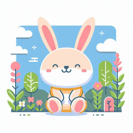 Cute rabbit in the garden. Vector illustration in flat style.のイラスト素材