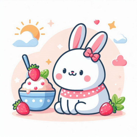 Cute cartoon bunny with bowl of yogurt and strawberries. Vector illustration.のイラスト素材