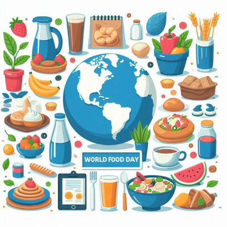 World food day poster with healthy food symbols and objects isolated vector illustrationのイラスト素材