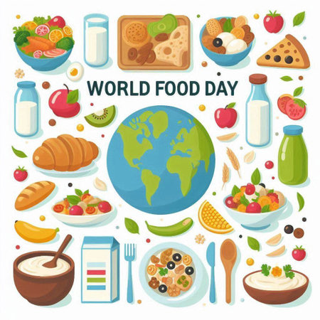 World food day poster with healthy food and world map isolated vector illustrationのイラスト素材