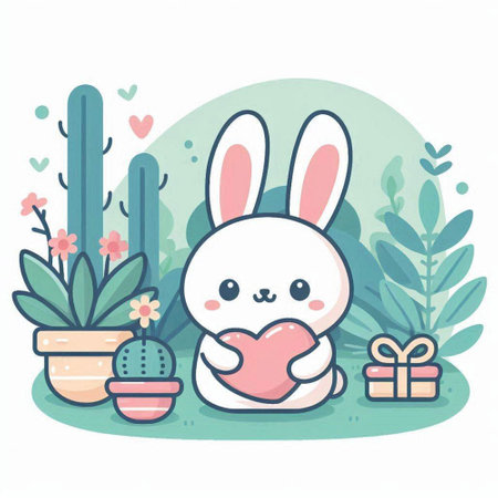 Cute bunny with heart and flower on green background. Vector illustration.のイラスト素材