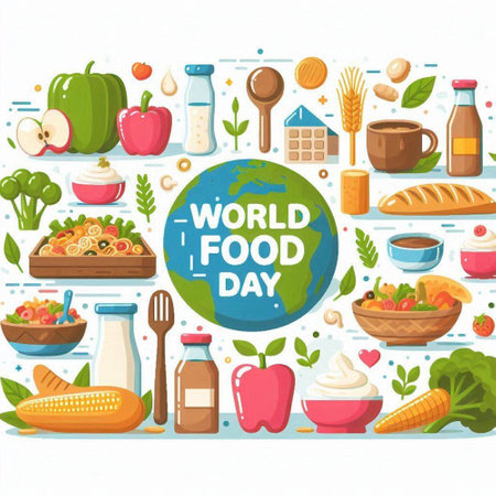 World food day poster with flat icons of products and vegetables on white background vector illustrationのイラスト素材