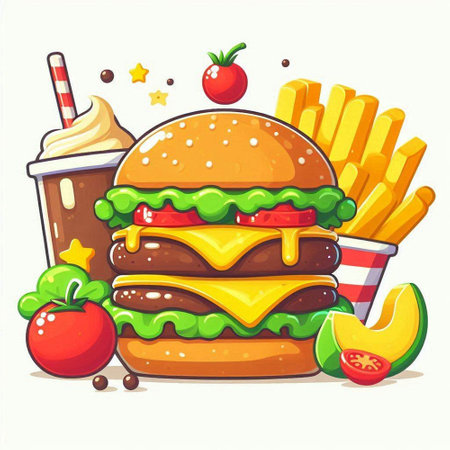 Hamburger and fries. Fast food. Vector illustration in cartoon styleのイラスト素材