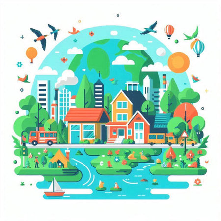 City landscape with houses and trees. Vector illustration in flat style.のイラスト素材