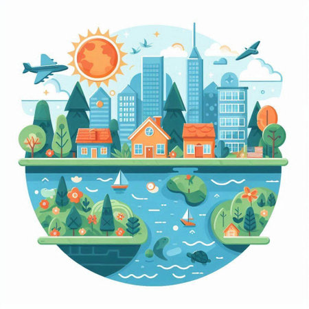 Flat design modern vector illustration concept of city landscape with buildings, trees, river and houses.のイラスト素材