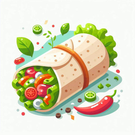 Tortilla wrap with fresh vegetables and herbs. Vector illustration.のイラスト素材