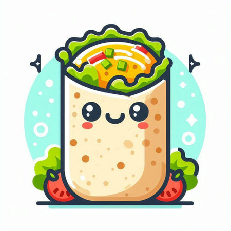 Kawaii fast food vector illustration. Cute taco with salad and tomato.のイラスト素材