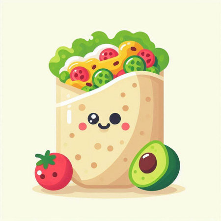 Mexican burrito with avocado and tomato. Cute vector illustration.のイラスト素材