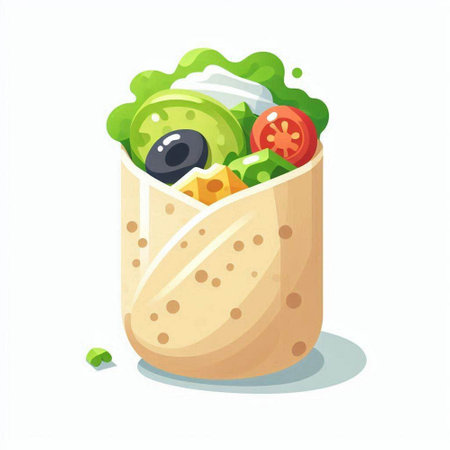 Tortilla wrap with vegetables and olives. Vector illustration.のイラスト素材
