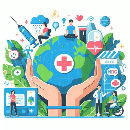 Hand holding world globe with medical icons on white background. Vector illustrationのイラスト素材