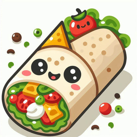 Cartoon vector illustration of a tortilla with vegetables and cheese.のイラスト素材