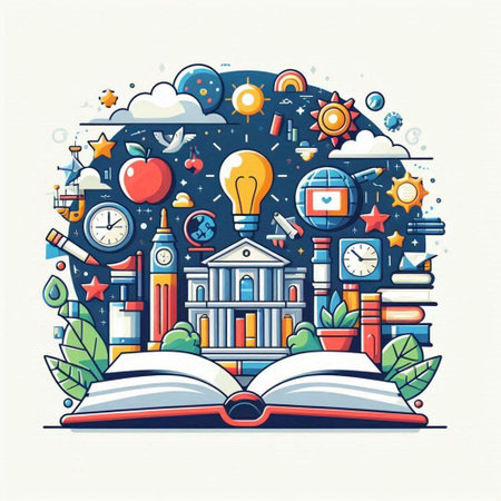 Vector illustration of education and learning concept with open book and school iconsのイラスト素材
