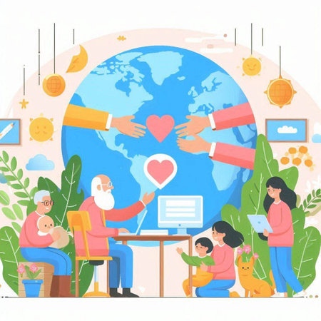 Elderly people with children and grandparents sitting at table with laptop and computer. Flat vector illustration.のイラスト素材