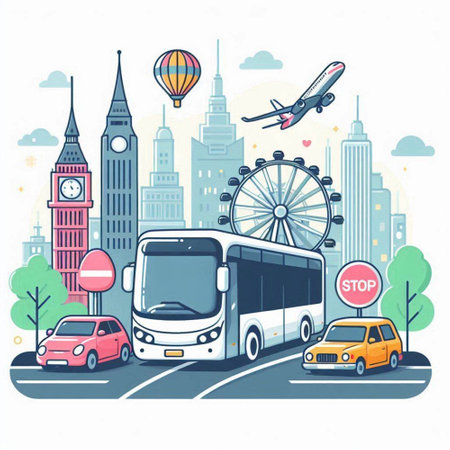 London cityscape with bus, ferris wheel and cars, vector illustrationのイラスト素材
