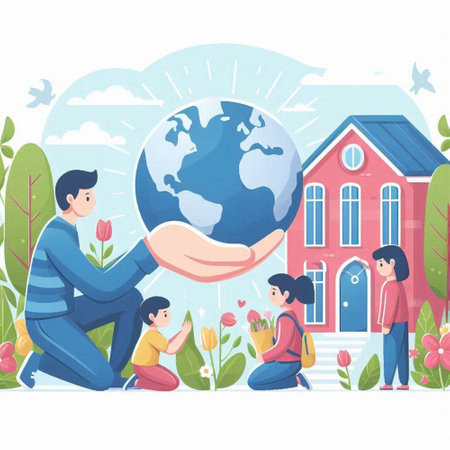 Family with a globe in front of the house. Vector illustration.のイラスト素材