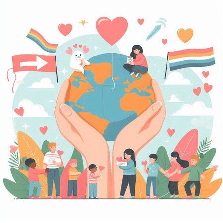 Volunteer concept. Hand holding world globe with animals. Vector illustrationのイラスト素材
