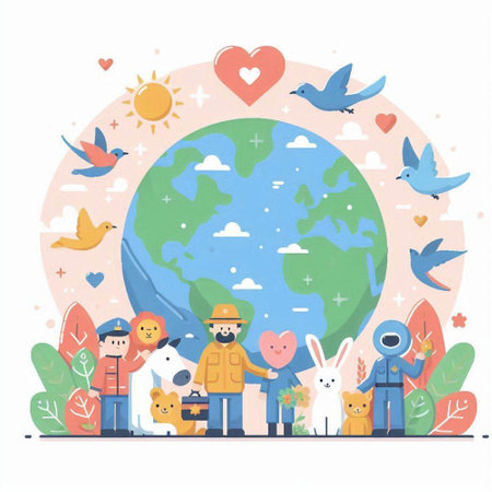 Vector illustration of Earth day concept with people, animals and planet.のイラスト素材