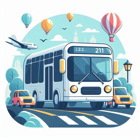 Vector illustration of city bus on the road with cars, hot air balloons and buildingsのイラスト素材