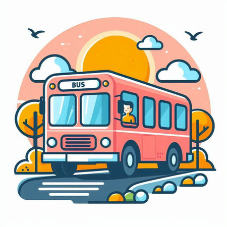 Cartoon school bus on the road. Vector illustration in flat style.のイラスト素材