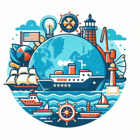 Vector illustration of a world globe with ships, lighthouse and sailing boatsのイラスト素材