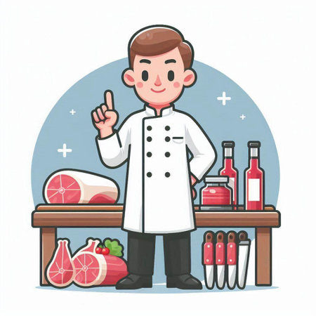 Chef cooking in the kitchen. Vector illustration in cartoon style.のイラスト素材