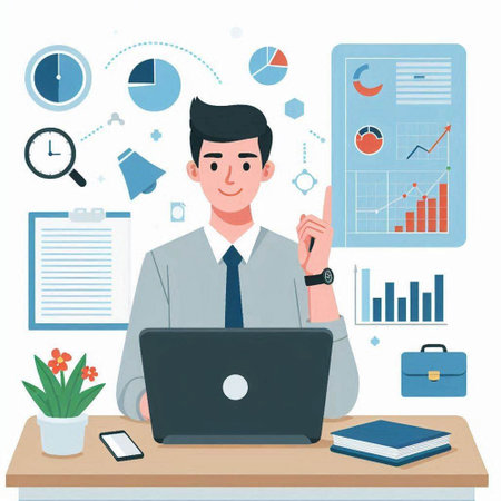 Businessman working at office. Vector illustration in a flat style.のイラスト素材