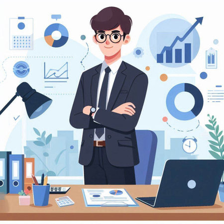 Businessman in office. Vector illustration in flat style. Business conceptのイラスト素材