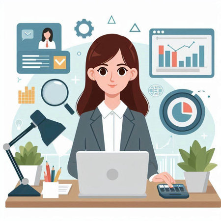 Business woman working at the office. Vector illustration in flat style.のイラスト素材
