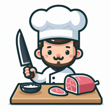 Chef with Ham and Knife - Vector Character Cartoon Illustration Designのイラスト素材