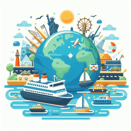 Travel around the world by ship, boat, lighthouse, cruise ship, cruise ship, cruise liner, yachts, ferris wheel. Vector illustrationのイラスト素材
