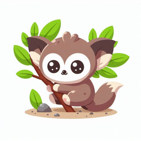 Cute cartoon fox sitting on a tree branch. Vector illustration.のイラスト素材