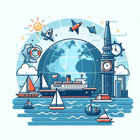 World travel concept. Vector illustration in flat linear style. Travel around the world.のイラスト素材